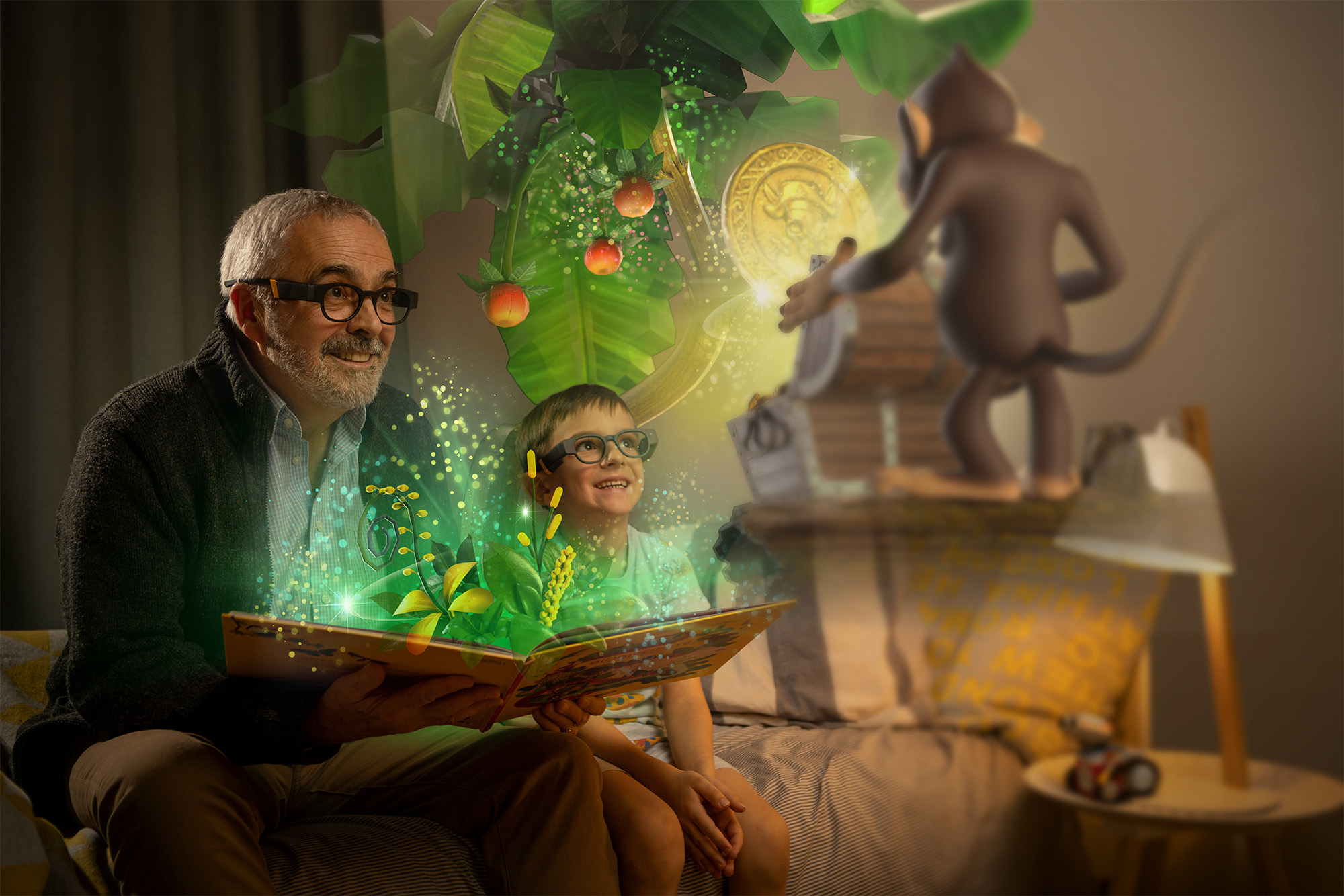 Grand-dad and grand-son reading a storybook with digital elements appearing.